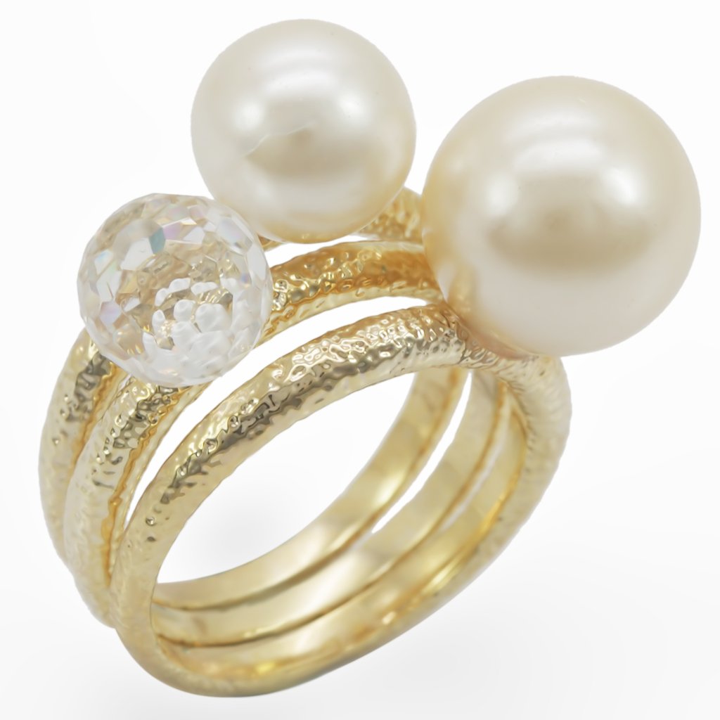 JCE054 Gold Brass Ring with Synthetic Pearl in Citrine Yellow