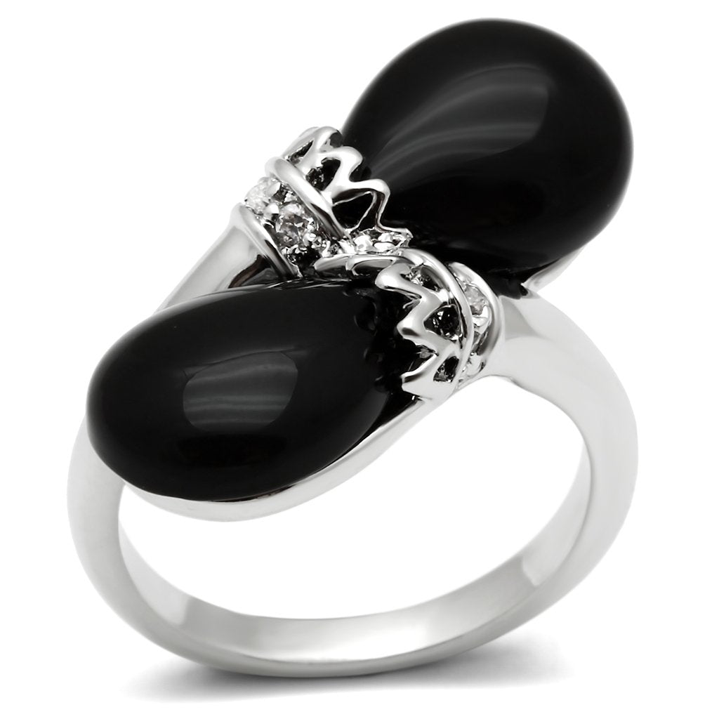 JCE195 Rhodium Brass Ring with Semi-Precious Onyx in Jet