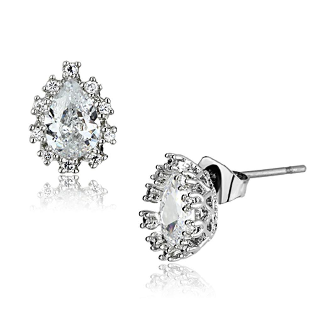 JCE386 Rhodium Brass Earrings with AAA Grade CZ  in Clear