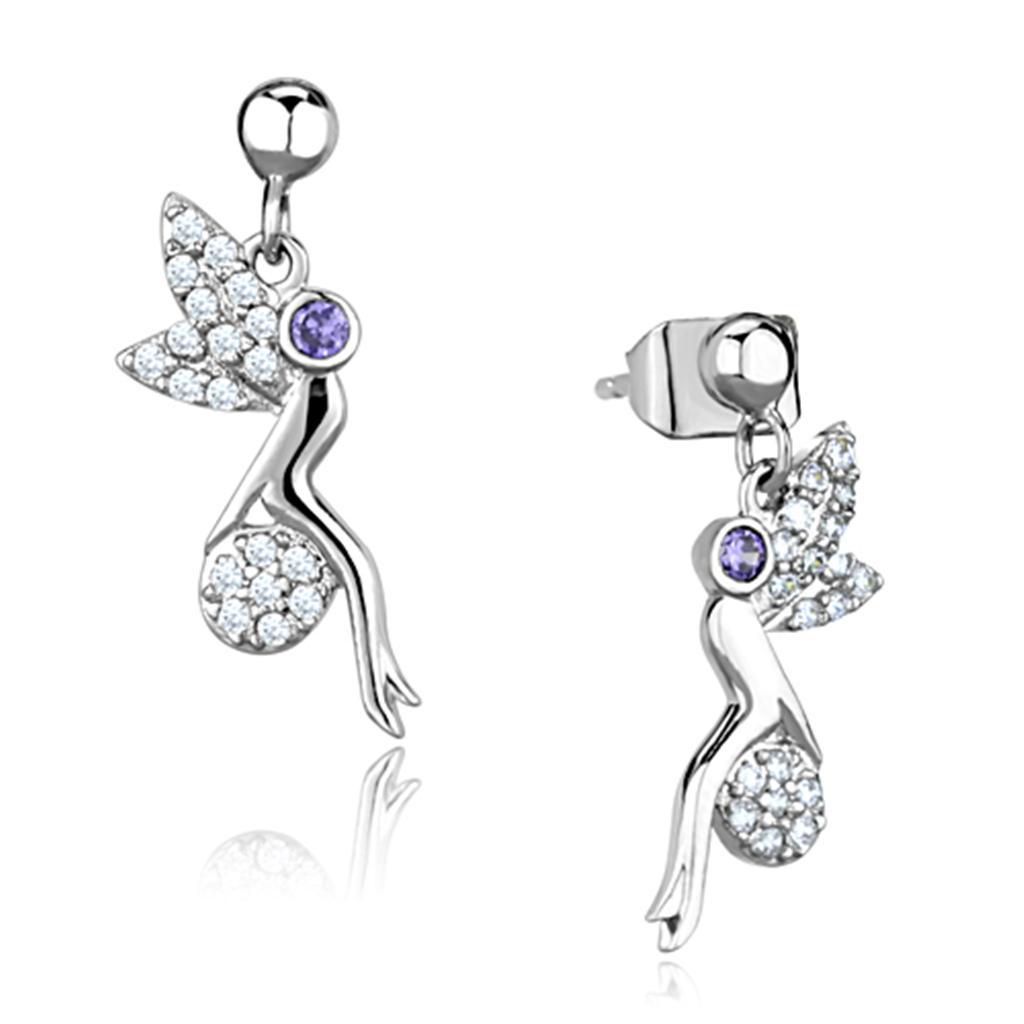 JCE670 Rhodium Brass Earrings with AAA Grade CZ  in Amethyst