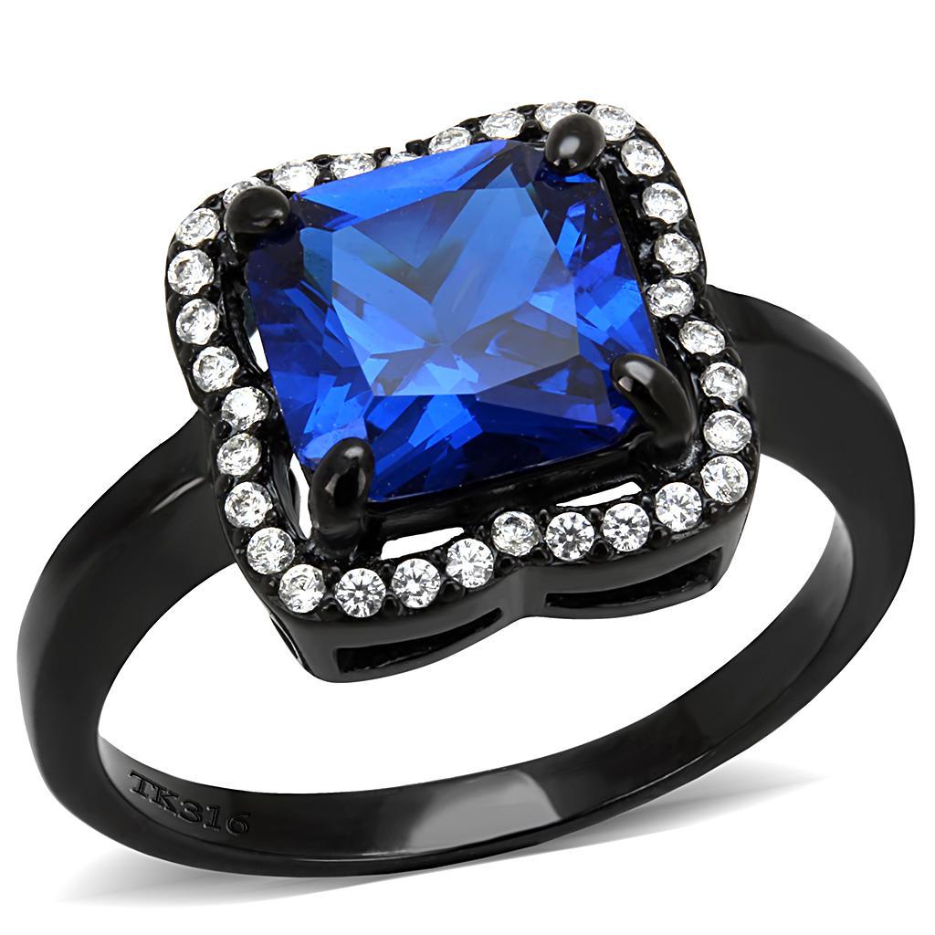 JCE027 IP Black(Ion Plating) Stainless Steel Ring with Synthetic Spinel in London Blue