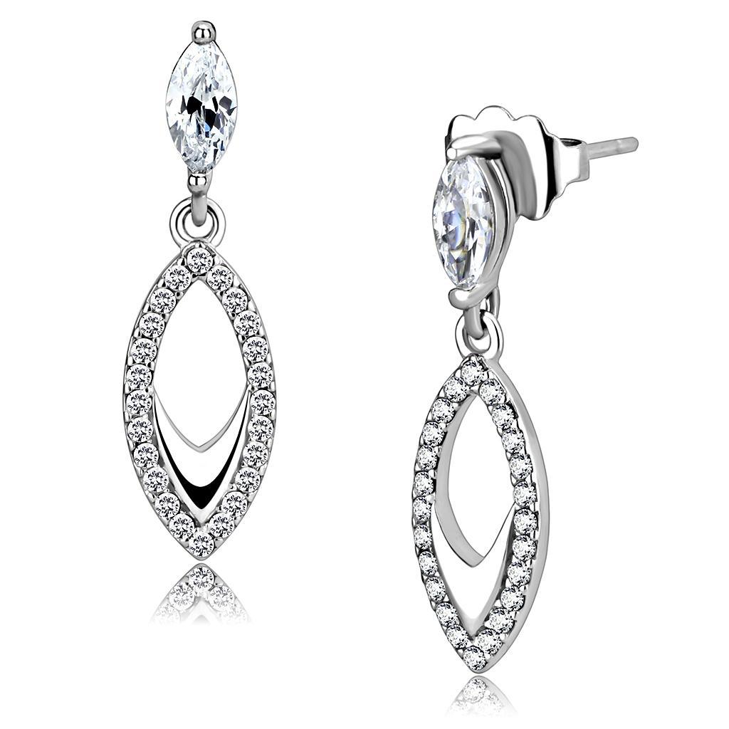 JCE189 High polished (no plating) Stainless Steel Earrings with AAA Grade CZ  in Clear