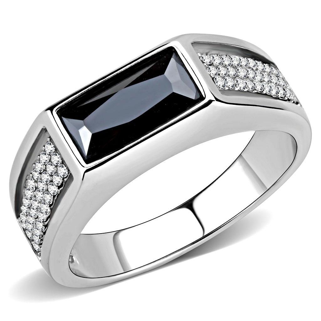 JCE284 High polished (no plating) Stainless Steel Ring with AAA Grade CZ  in Black Diamond