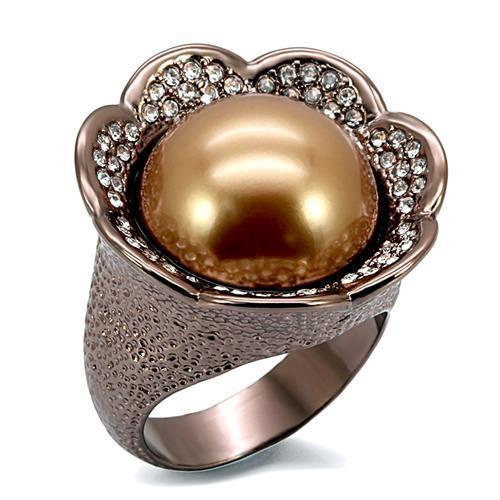 JCE1691 Chocolate Gold Brass Ring with Synthetic Pearl in Brown