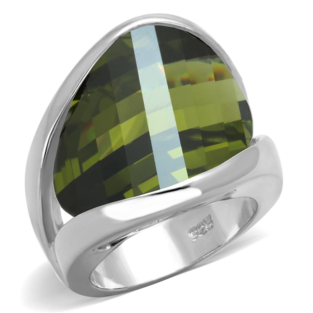 JCES829 Rhodium 925 Sterling Silver Ring with AAA Grade CZ  in Olivine color