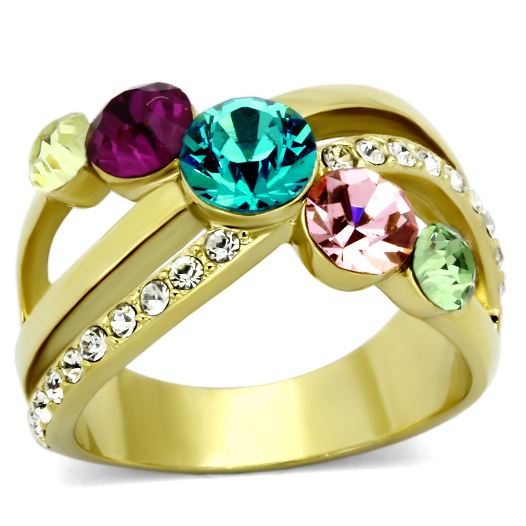 JCE1031 IP Gold(Ion Plating) Stainless Steel Ring with Top Grade Crystal  in Multi Color