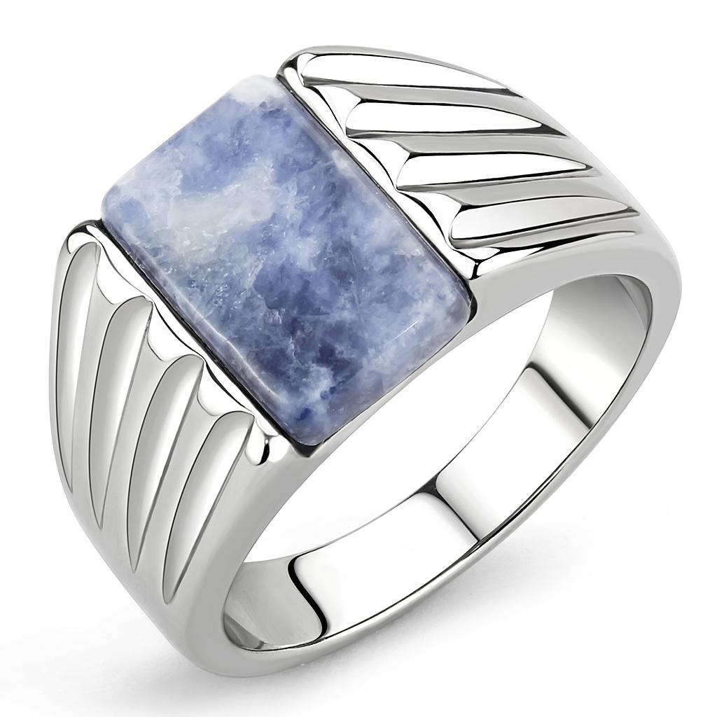 JCE1799 High polished (no plating) Stainless Steel Ring with Semi-Precious Sodalite in Capri Blue