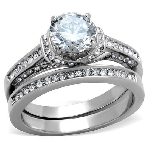 JCE1919 High polished (no plating) Stainless Steel Ring with AAA Grade CZ  in Clear