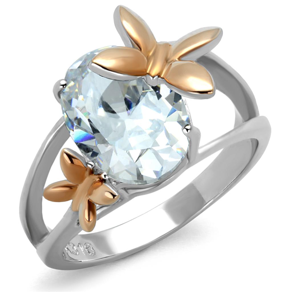 JCE2135 Two-Tone IP Rose Gold Stainless Steel Ring with AAA Grade CZ  in Clear