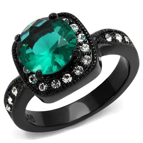 JCE2209 IP Black(Ion Plating) Stainless Steel Ring with Synthetic Synthetic Glass in Blue Zircon