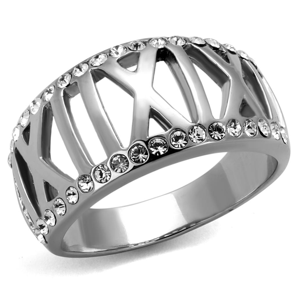 JCE2257 High polished (no plating) Stainless Steel Ring with Top Grade Crystal  in Clear