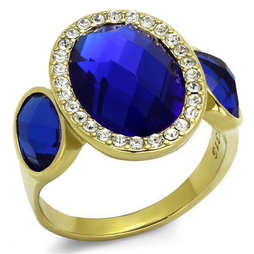 JCE2495 IP Gold(Ion Plating) Stainless Steel Ring with Synthetic Synthetic Glass in Sapphire