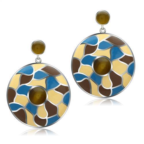 JCE281 High polished (no plating) Stainless Steel Earrings with Synthetic Cat Eye in Brown