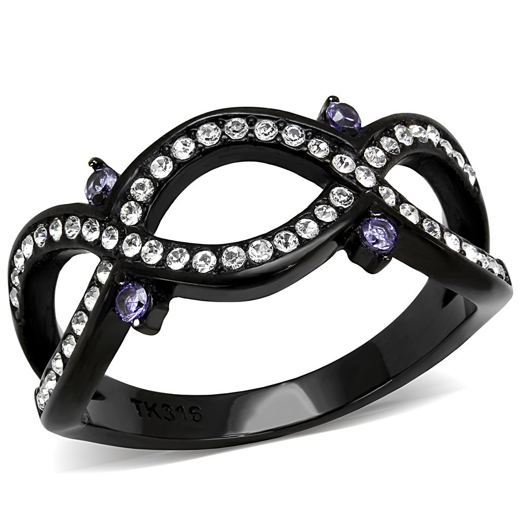 JCE3047 IP Black(Ion Plating) Stainless Steel Ring with AAA Grade CZ  in Amethyst