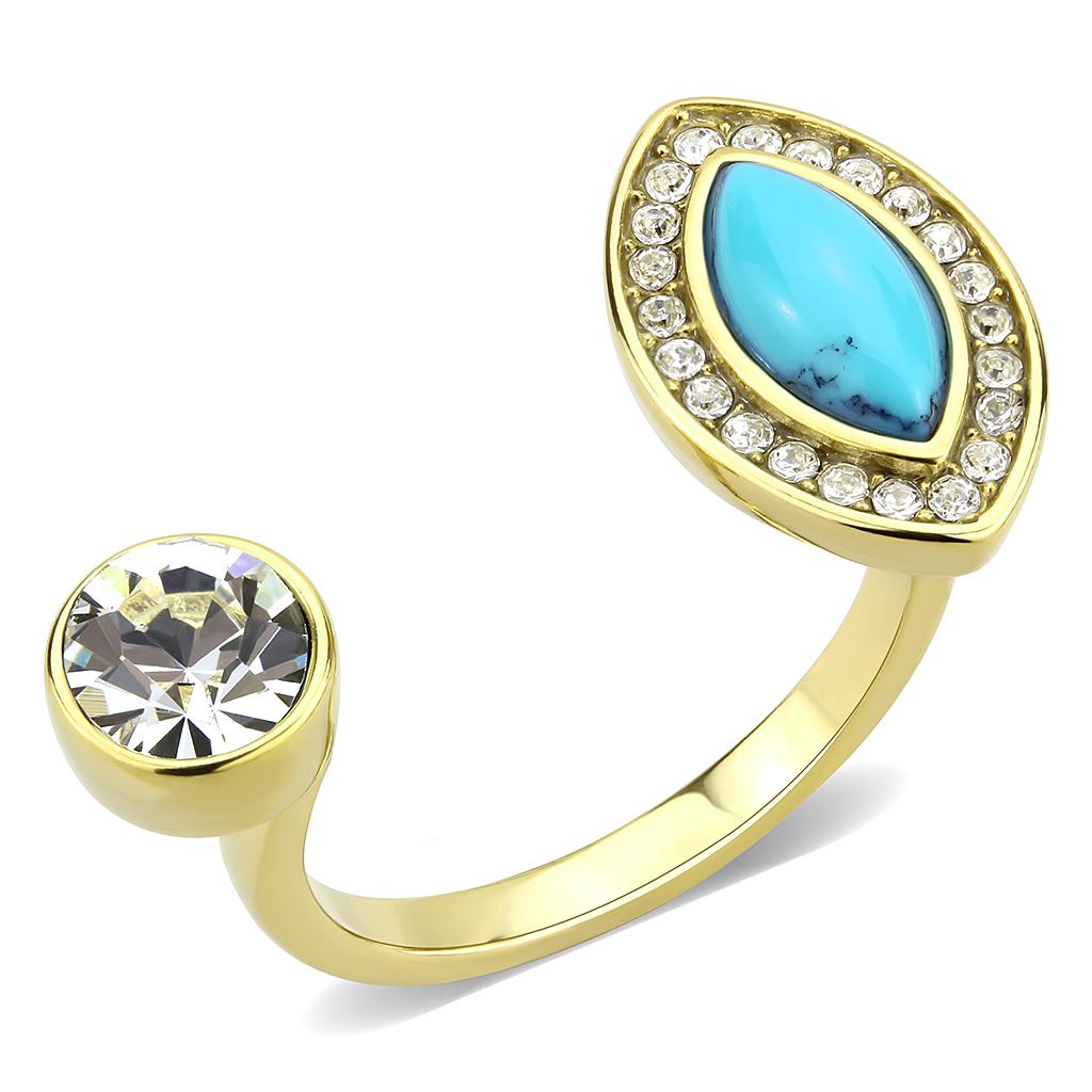 JCE3592 IP Gold(Ion Plating) Stainless Steel Ring with Synthetic Turquoise in Turquoise