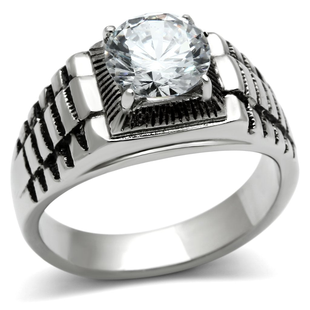 JCE485 High polished (no plating) Stainless Steel Ring with AAA Grade CZ  in Clear