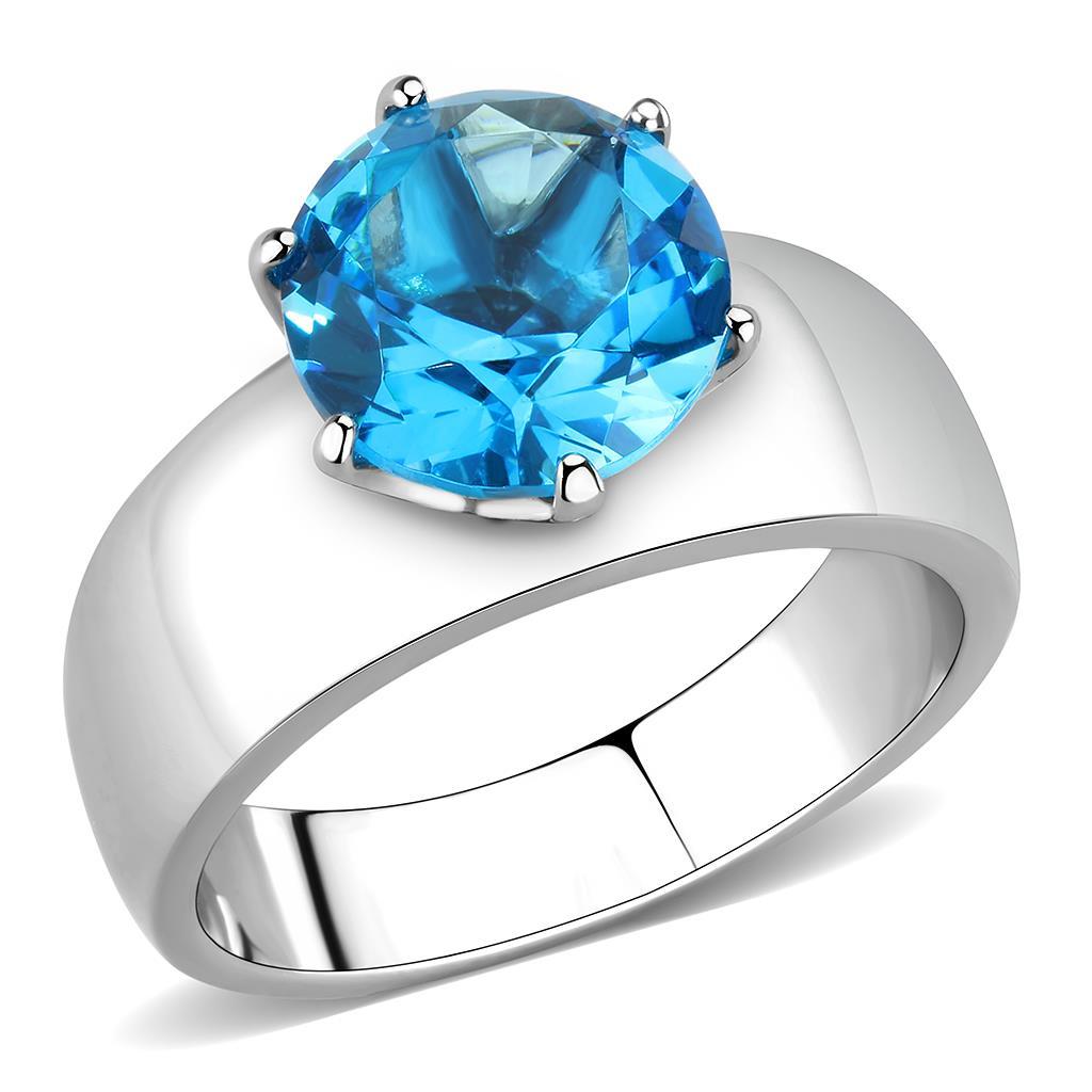 JCE52003 High polished (no plating) Stainless Steel Ring with Synthetic Synthetic Glass in Sea Blue
