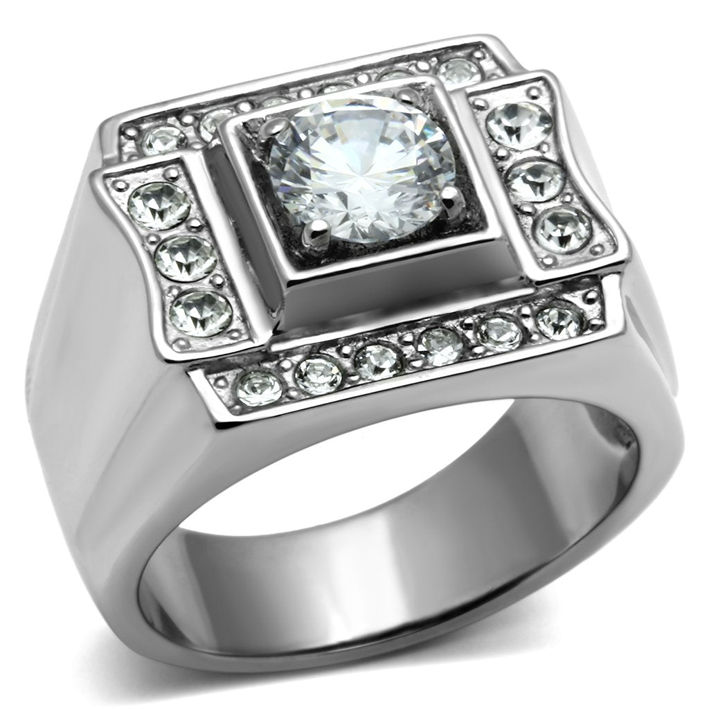 JCE593 High polished (no plating) Stainless Steel Ring with AAA Grade CZ  in Clear